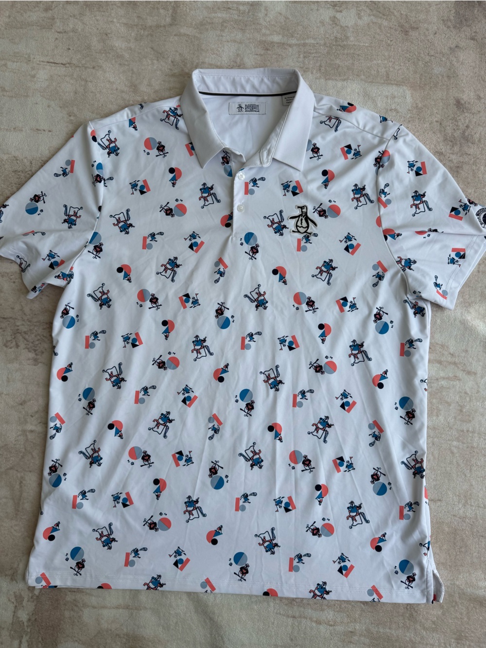 Original Penguin White Polo with Blue and Coral Penguin Print